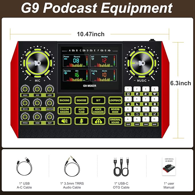 Audio mixer, suitable for live streaming, singing, and gaming on computers/phones; podcast mixer with real-time sound card, noise reduction function, and one-click mute function