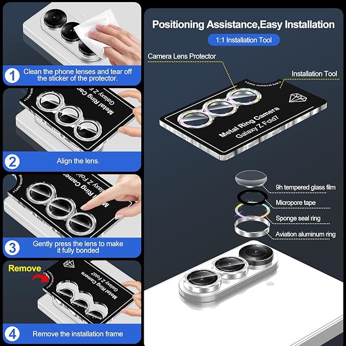 for Samsung Galaxy Z Fold 7 Camera Lens Protector, Individual Metal Ring Tempered Glass Lens Cover, [Strong Adsorption] Scratch Resistant Ultra-Thin HD Clear Lens Cover, 1 Set-Colorful Sparkly