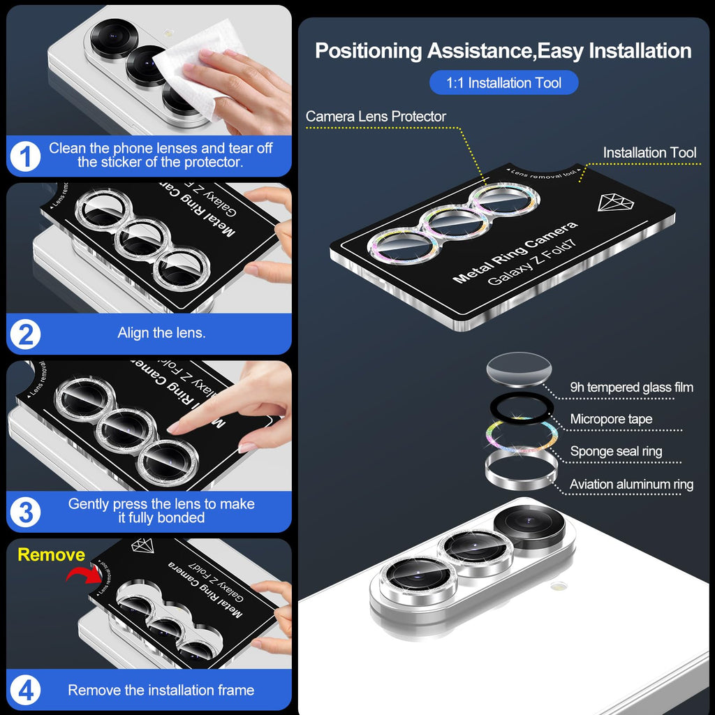 Avocase for Samsung Galaxy Z Fold 7 Camera Lens Protector, Individual Metal Ring Tempered Glass Lens Cover, [Strong Adsorption] Scratch Resistant Ultra-Thin HD Clear Lens Cover, 1 Set-Colorful Sparkly