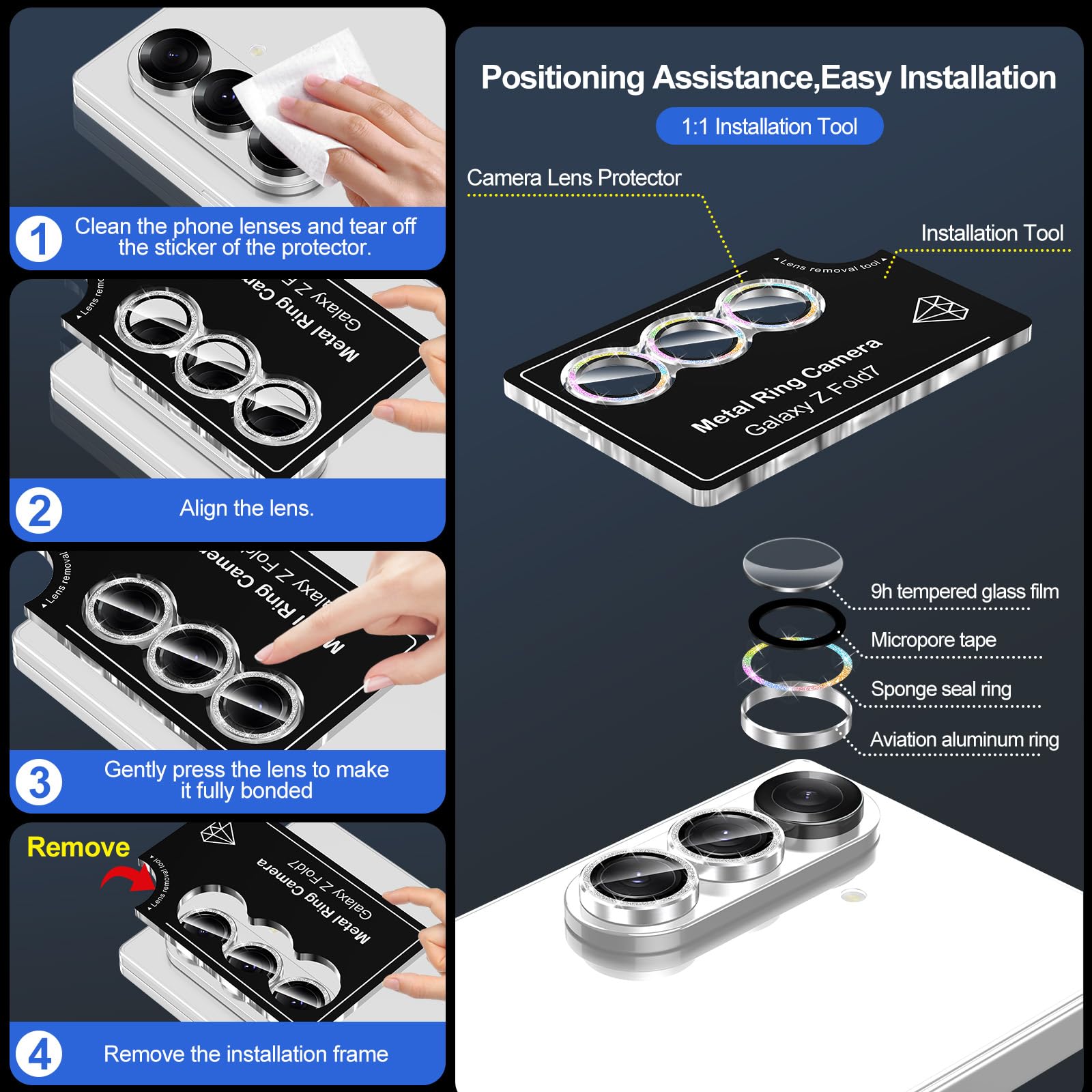 Avocase for Samsung Galaxy Z Fold 7 Camera Lens Protector, Individual Metal Ring Tempered Glass Lens Cover, [Strong Adsorption] Scratch Resistant Ultra-Thin HD Clear Lens Cover, 1 Set-Colorful Sparkly