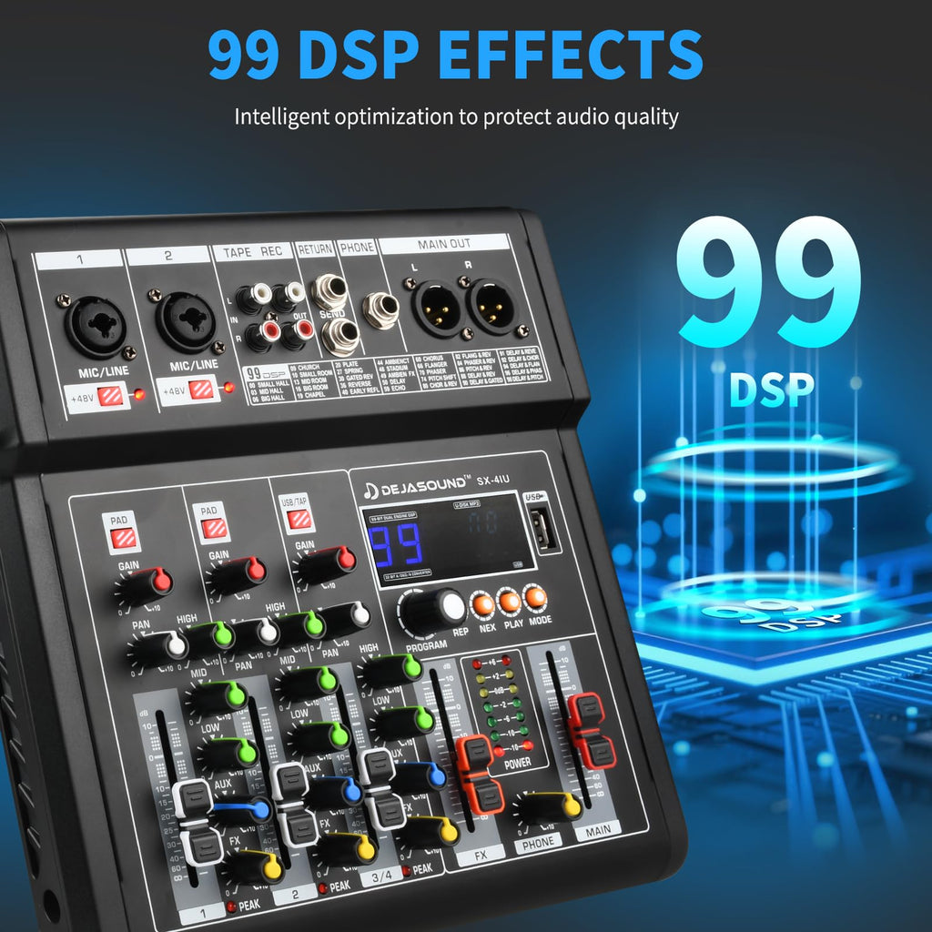 4-Channel Audio Mixer for PC, SX-4iu Mixing Console with XLR Inputs, Bluetooth, 99 Digital Signal Processor Effects, USB Interface, MP3 Compatible for Podcast, Music, Recording 9.84"x2.17"x9.84"inches