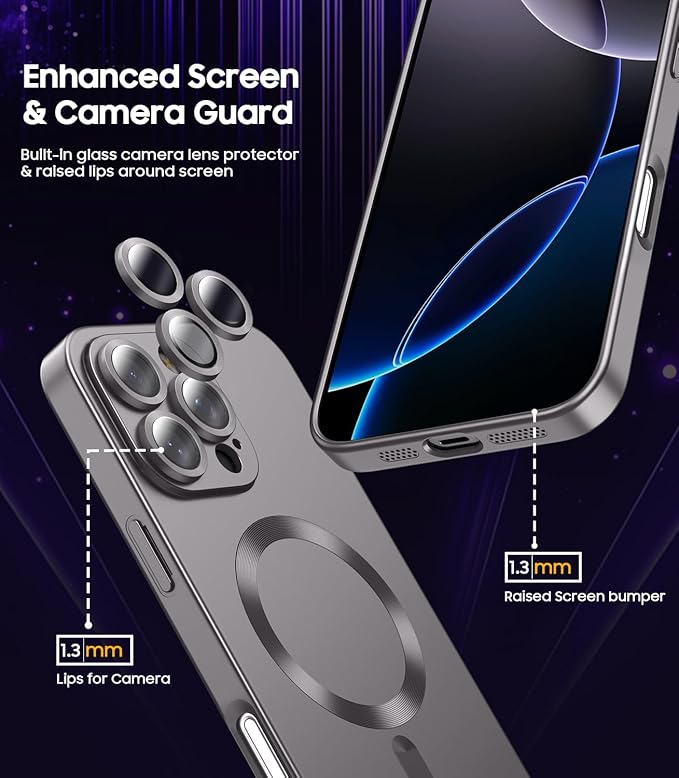 Magnetic for iPhone 16 Pro Case [Compatible with MagSafe][Built-in Camera Lens Protector] Slim Soft Silicone Bumper Shockproof Metallic Phone Case (Titanium Gray)
