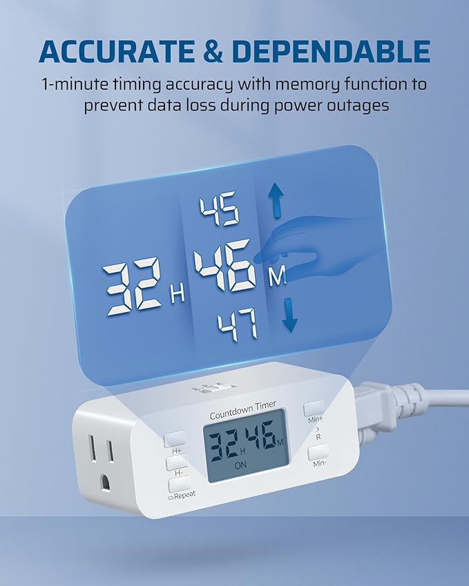 DEWENWILS 36 Hours Countdown Timer Outlet, Timers for Electrical Outlets Indoor, Large Screen & Repeat Function, Grounded Outlet, Auto Shut Off for Fan, Lights, Charger, 125V 60Hz, 1 Pack