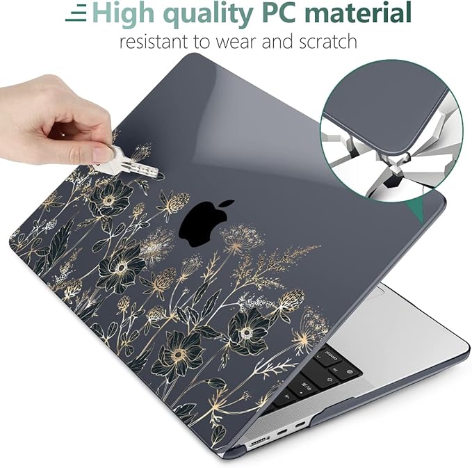 MEEgoodo Case for M4/M3/M2 MacBook Air 13.6 inch Case 2025 2024 2022, Fit Model A3240/A3113/A2681, Laptop Hard Shell with Keyboard Cover Compatible with MacBook Air 13 inch, Golden Flowers & Herbs