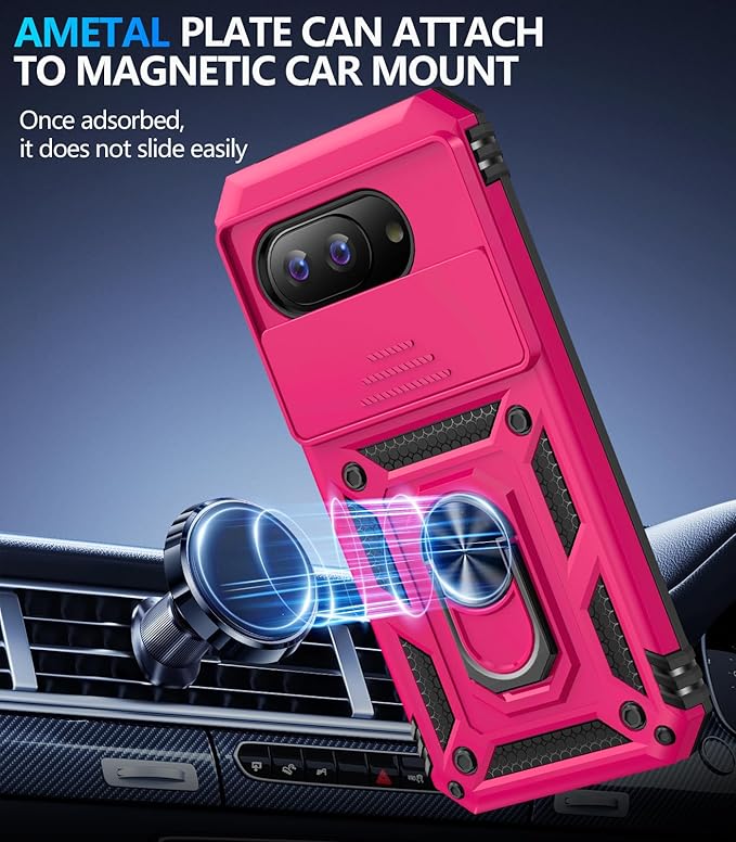 Taisairu for Google Pixel 9A Case with Screen Protector & Slide Camera Lens Cover,Built-in 360°Rotate Magnetic Ring Stand Shockproof Protective Phone Case for Google Pixel 9A Case(Hot Pink)