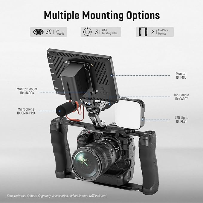 NEEWER Video Camera Cage Rig with Arca Type Base/Dual Grips/Expansion Holes/15mm Rods, Universal Stabilizer Compatible with Sony Canon Nikon DSLR/DSLM, Compatible with SmallRig Accessories, CA016