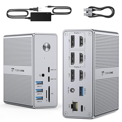 TobenONE DisplayLink Docking Station Triple Monitor with 120W Power Adapter, Triple 4K Display for MacBook Pro/Air, Thunderbolt 4/3, USB-C Windows(3X HDMI, 3X DP, 2xUSB-C, 4xUSB 3.2, SD/TF)