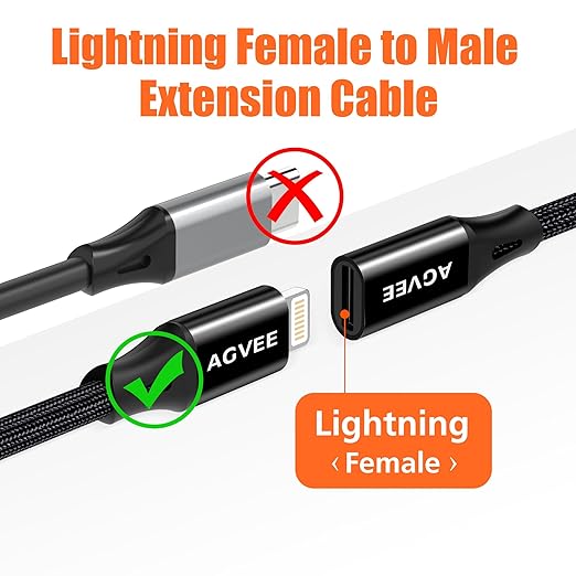 AGVEE 2 Pack 4 inch Lightning Extension Cable, Braided Female to Male Extender Full Function Cord Compatible with iPhone iPad, Data Sync Video Audio & Charging Connector Adapter, Black