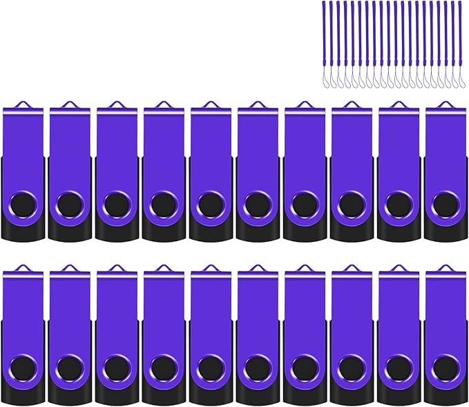 EASTBULL Flash Drive Bulk 2GB USB 20 Pack with Lanyards USB 2.0 Thumb Drive Bulk Memory Stick Swivel Pen Drive for Storage and Backup 2 GB 20 Pack, Purple