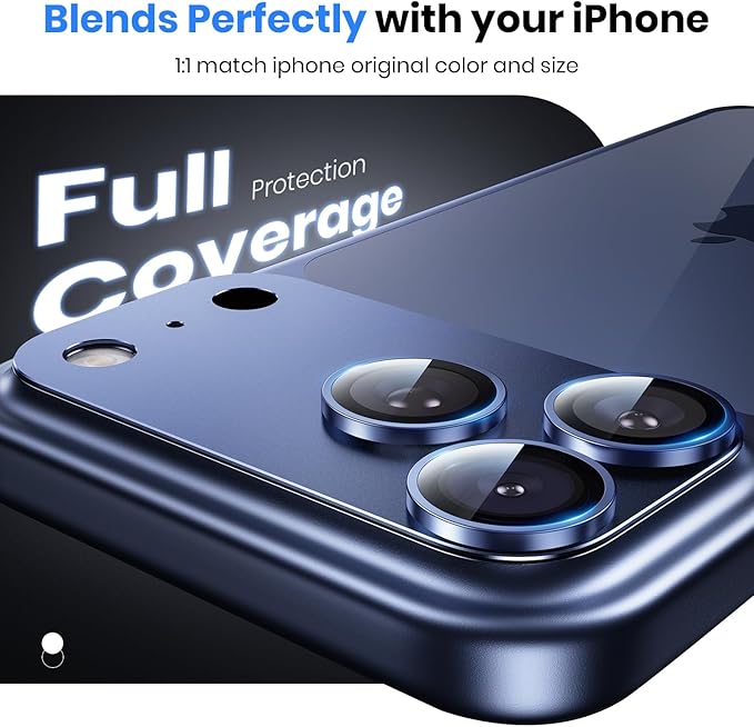 Hoerrye for iPhone 17 Pro Camera Lens Protector - [12FT Shatterproof Military Grade] [Strong Adsorption] Top 9H+ Tempered Glass Camera Screen Full Protective Cover Case Friendly,Deep Blue