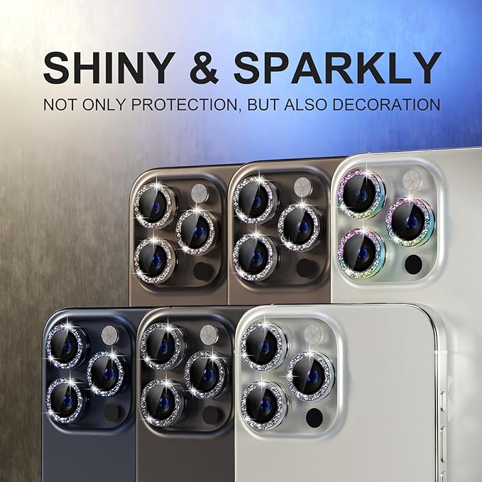 Choiche Compatible for iPhone 15 Pro/iPhone 15 Pro Max Camera Lens Protector Bling, 9H Tempered Glass Camera Cover Screen Protector Metal Ring Decoration Accessories (Glitter-Silver)