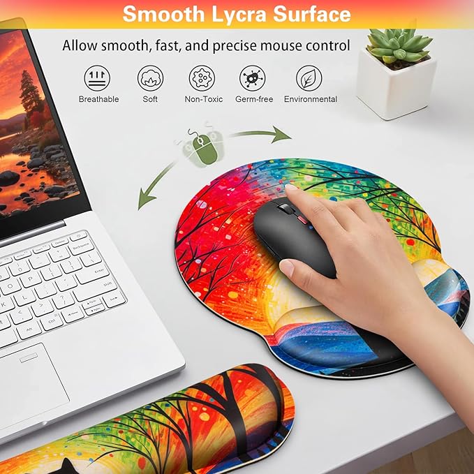 Mouse Pad with Wrist Rest Cute Black Cat Set,Qomolama 3-in-1 Wrist Support Mouse Pad Set,Gaming Mousepad with Anti-Skid Base,Ergonomic Mouse Pad,Memory Foam Keyboard Gel Wrist Rest Anime