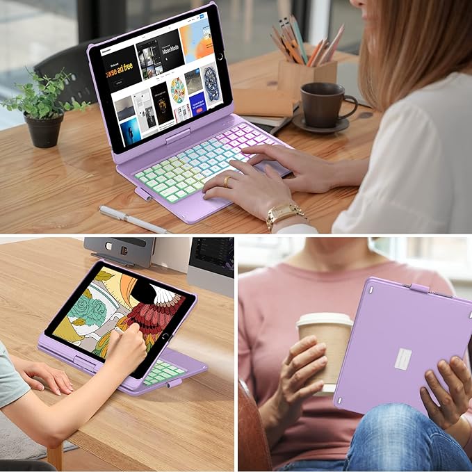 HOTLIFE Case with Keyboard for iPad 10.2,Touch Trackpad Keyboard Case for iPad 9th Generation/8th/7th Gen, 10 Corlor Backlit - 360° Rotatable Protective Cover with Pencil Holder