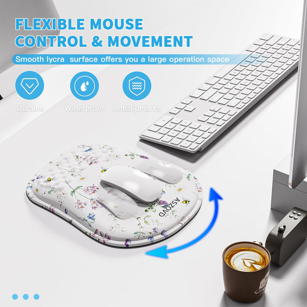 Aszqvd Mouse Pad with Wrist Rest, Ergonomic Mousepads with Wrist Support, Soft Lycra Fabric Memory Foam Office Desk Accessories for Comfort/Pain Relief/PC Gaming/Computer/Laptop (White Wild Plant)