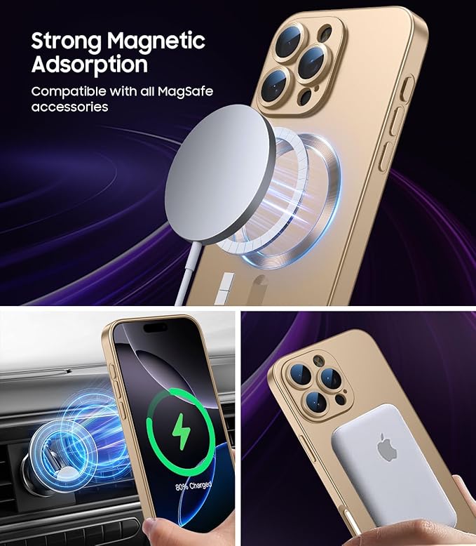 Magnetic for iPhone 16 Pro Case [Compatible with MagSafe][Built-in Camera Lens Protector] Slim Soft Silicone Bumper Shockproof Metallic Luster Phone Case (Gold)