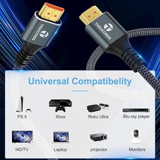 8K 4K HDMI Cable 15FT, High Speed Braided HDMI to HDMI 2.1 Cord Supports 8K@60Hz, 4K@120Hz 144Hz 48Gbps Compatible with Roku TV/PS5/HDTV/Blu-ray