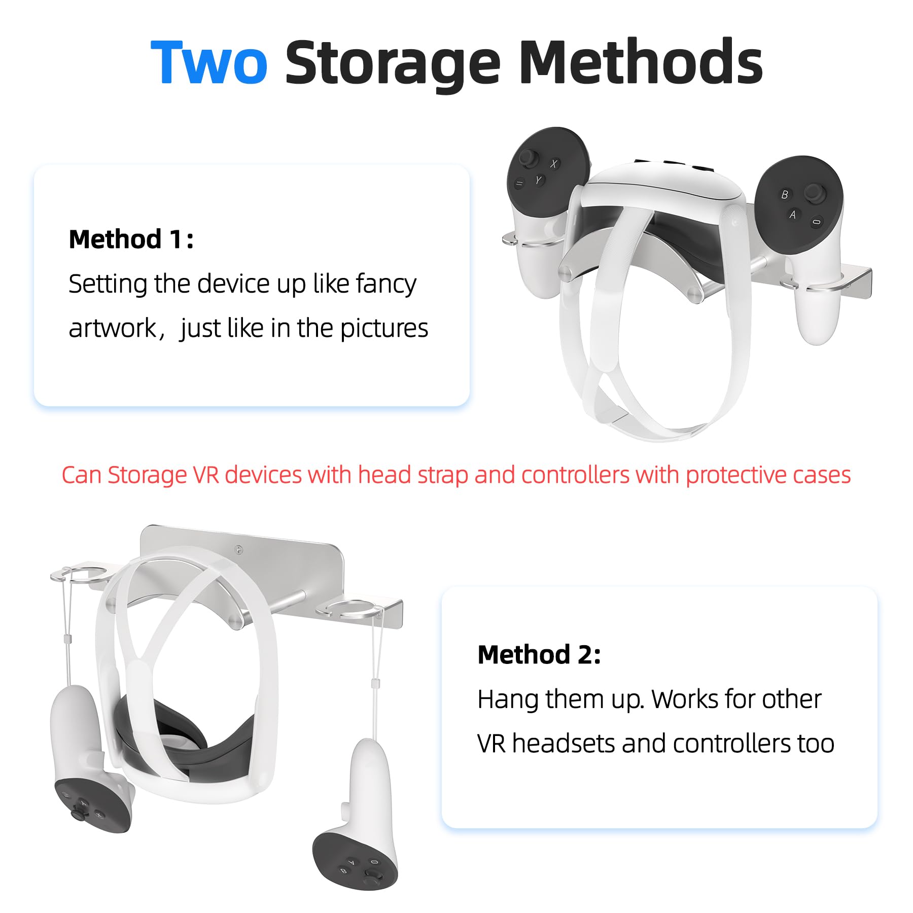ANSHAWTIY VR Wall Mount Aluminum Alloy,VR Headset Wall Mount Storage Stand Hook Compatible with Meta Quest 3/Quest Pro/Quest 2,Quest 3 Stand with 2 Storage Way,Desk Space Saving(Silver)