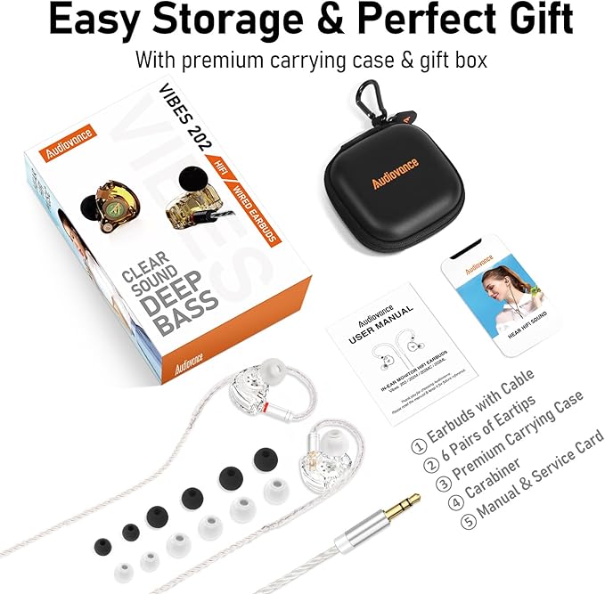 Vibes 202M Wired Earbuds - HiFi in Ear Monitor Headphones - Noise-Isolating Ear Buds w/ Mic - Clear Sound, Deep Bass & Comfort-Fit Gaming Earphones - MMCX to 3.5mm & Silver Plated Cord, Carrying Case