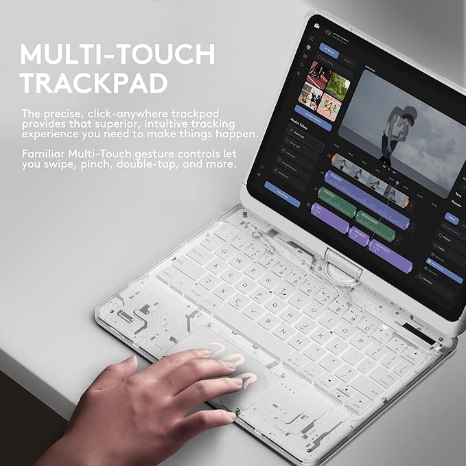 GUSGU Transparent Case with Wireless Keyboard only for 2024 iPad Pro 13-in.(M4), 7 Colors Backlight, Trackpad, 360°Rotating Stand for iPad Pro 13, Tech Style