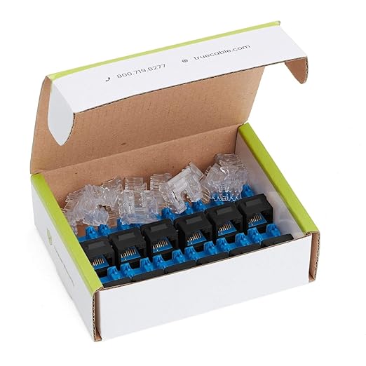 trueCABLE Cat6 Keystone Jack, Unshielded (UTP), 90 Degree Punch-Down, PoE++ (4PPoE) 100W, UL Listed, ETL Verified, ANSI/TIA Certified, Modular RJ45 Female, Black, 12 Pack