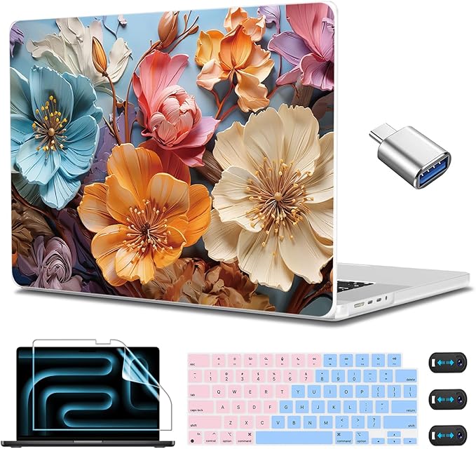 CISSOOK Compatible with MacBook Pro 14 inch Case 2024 2023 2022 2021 Release M4 A3401 A3112 A3185 M3 A2918 A2992 M2 A2779 M1 A2442 Pro Max Chip, Floral Hard Shell Case + Keyboard Cover, Silk Flowers