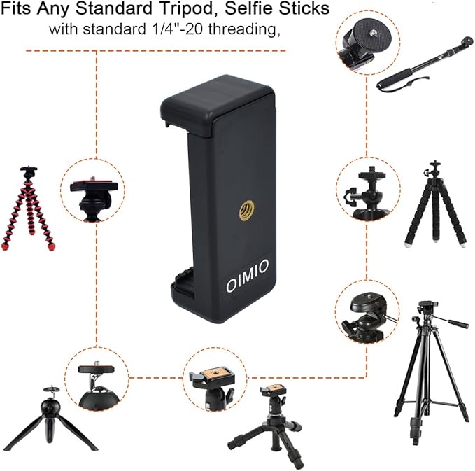Universal Cell Phone Tripod Mount Adapter, OIMIO Phone Holder Clip Connector Head Used for Monopod Selfie Stick DSLR Travel Mini Flexible Tripod and More(2 Pack)