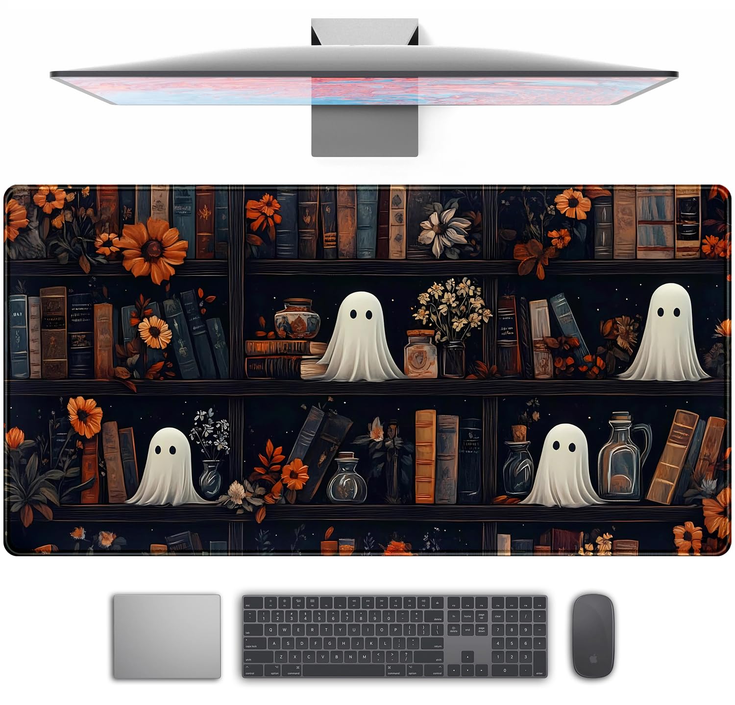 Cute Ghost Desk Mat Dark Vintage Large Mouse Pad Gaming Black Mouse Pad XXL Large Gaming Mousepad Desk Mat for Desktop Office Computer Laptop Keyboard and Mouse Mat - 31.5 X 15.7 in Desktop Protector