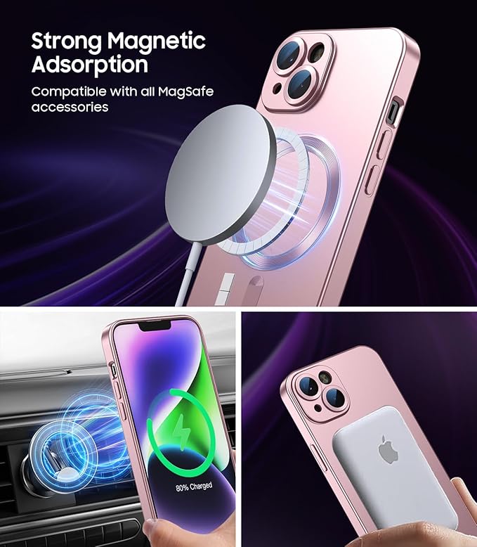 Magnetic for iPhone 14 Case [Compatible with MagSafe][Built-in Camera Lens Protector] Slim Soft Silicone Bumper Shockproof Metallic Luster Phone Case (Rose Gold)