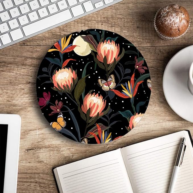 Mouse Pad Round, Cute Mouse Pad with Design, Floral Butterfly Mouse Mat, Non-Slip Rubber Base Mousepad, Waterproof Women Office Computer Mouse Pads