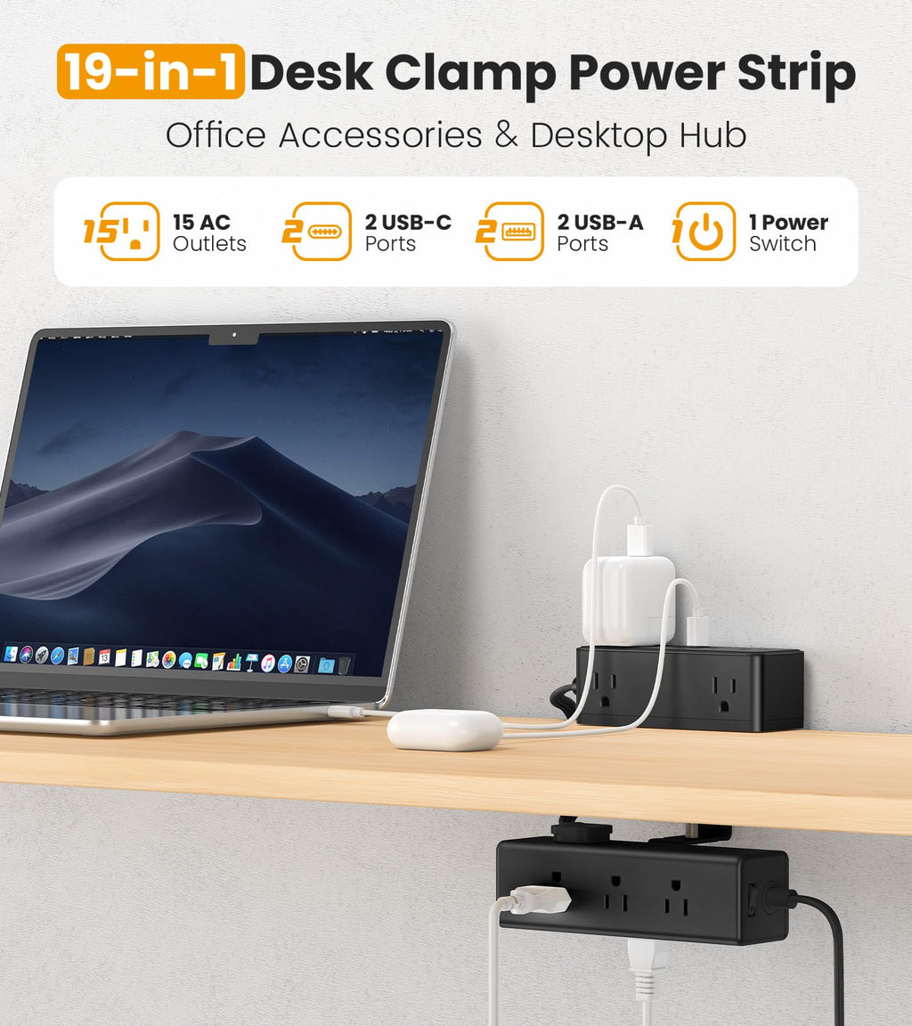 VILONG Dual Layer Desk Clamp Power Strip, 13 Outlets, 20W USB-C, 10FT Cord