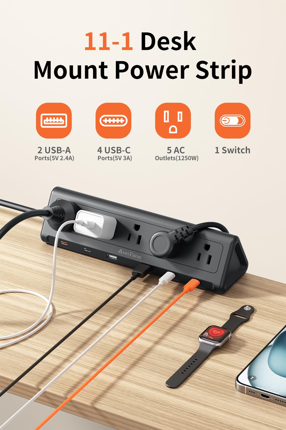 6.5 FT Desk Clamp Power Strip with 5 AC Outlets & 6 USB Ports PD 40W USB-C Fast Charging, Extension Cord with Multiple Outlets, Fits 2.1 in top Edge Black