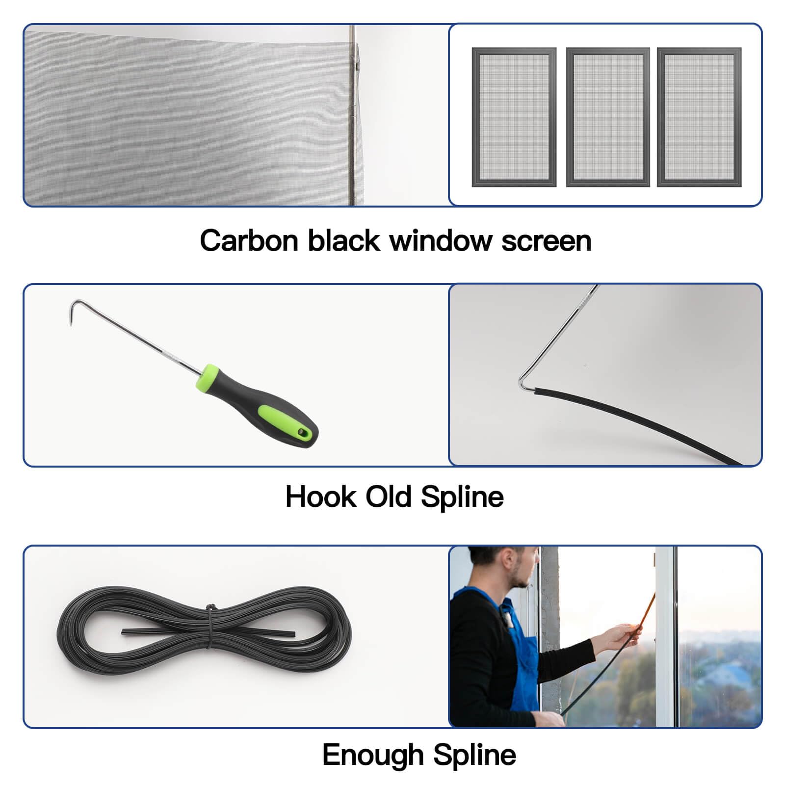 Window Screen Door Repair Kit Include Window Screens Mesh 48"x114" with All Tools in Window Screen Replacement(Screen Rollers, Splines, Hook), Yolovit