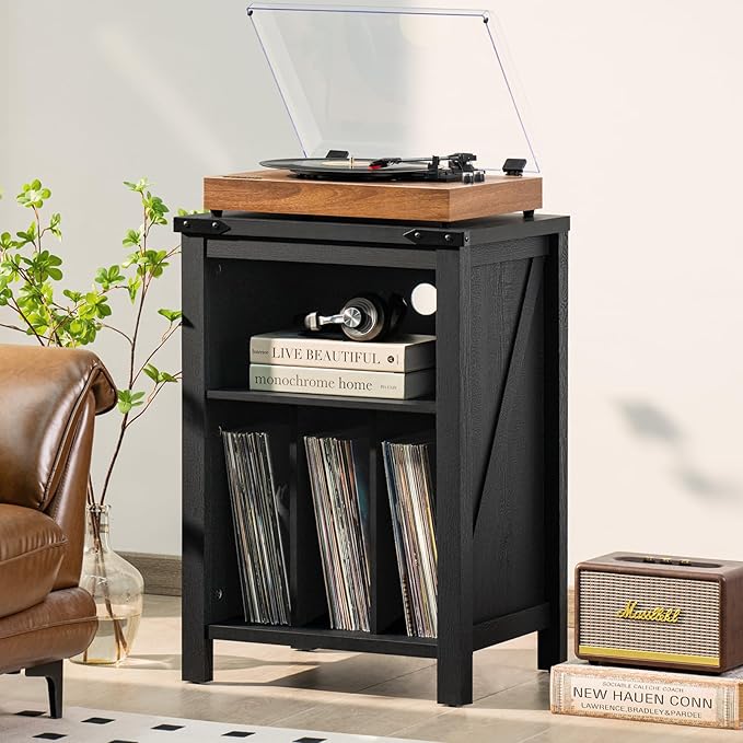 Record Player Stand with Vinyl Record Storage,Black Record Player Table Holds up to 160 Albums,Large Wood Turntable Stand Cabinet Dispaly Shelf for Living Room,Bedroom,Office