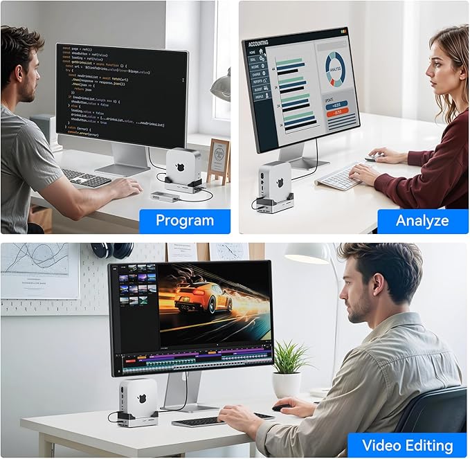 ANYOYO Mac mini M4 Dock and Stand, 10-in-1 Aluminum USB-C Hub with M.2 NVMe SSD Enclosure, 4K 60Hz Dual HDMI, 10 Gbps USB-C/A, 30W PD-in, Smart Fan Cooling, Wi-Fi Signal Friendly Design, Silver