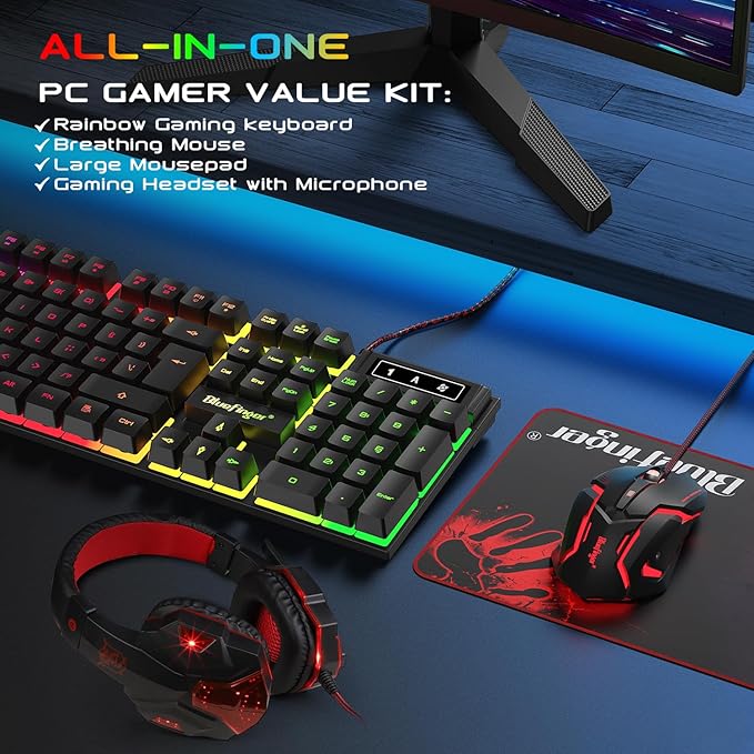 BlueFinger RGB Gaming Keyboard and Backlit Mouse and Headset Combo, USB Wired Backlit Keyboard, LED Gaming Mouse Set, Headset with Microphone for Laptop PC Computer Game and Work