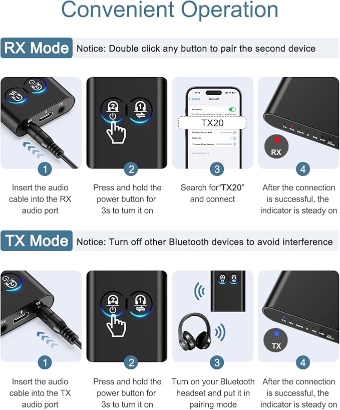 Bluetooth 5.2 Transmitter Receiver, Upgraded 2-in-1 Airplane Wireless Adapter, Dual Link AptX Adaptive/LowLatency/HD Audio, Aux Adapter for Home Stereo, Airplane, Boat, Gym