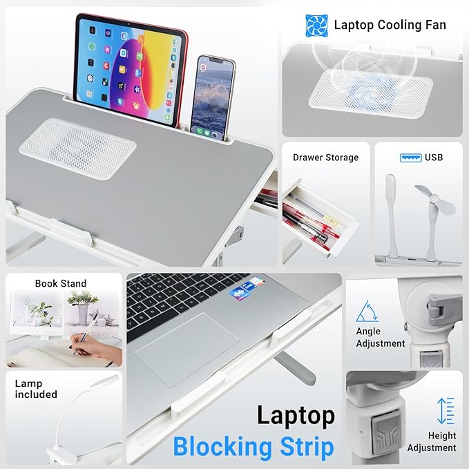 Laptop Lap Desk with Cooling Fan - Adjustable with Light, USB, Storage Drawer - Folding Bed Desk,22.04"*12.59",Grey