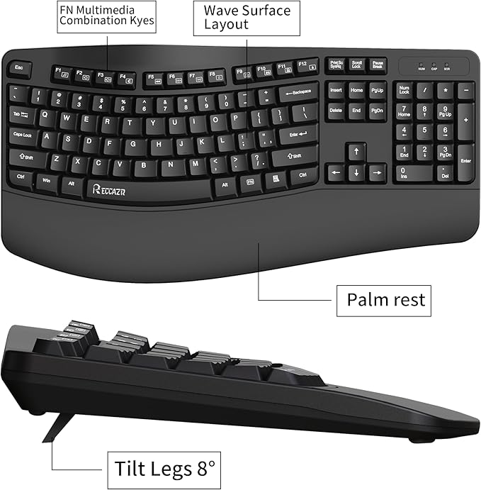 Ergonomic Keyboard, Wired Computer USB Keyboard with Wrist Rest, Spill-Resistant, Wave Keys for Natural Typing, Compatible with Windows/PC/Laptop(Black)