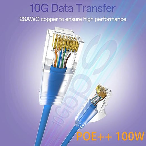 10Gsupxsel Cat6a Patch Cables 0.5ft (24 Pack) Slim, Cat6 Ethernet Patch Cable Pure Copper, Flexible Cat 6 Patch Cable 550MHZ 10G, Space-Saving Cat 6A Network Cables for Patch Panel, Blue