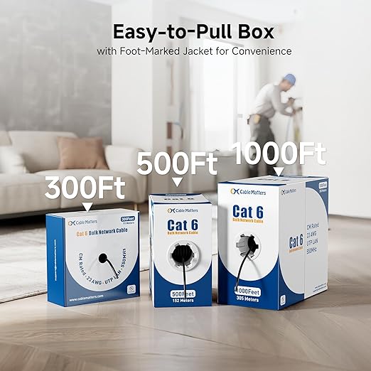 Cable Matters [UL Listed] 10Gbps in-Wall Riser Rated (CMR) 23AWG Bare Copper Cat6 Ethernet Cable - 500ft, Cat 6 Ethernet Cable Spool, Cat 6 Cord Bulk, Black