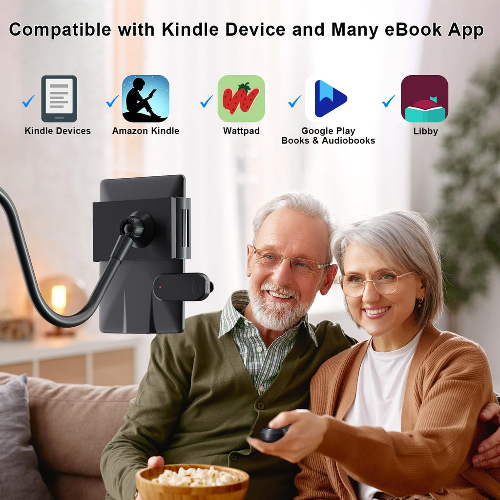 Kefotic Gooseneck Tablet Holder for Kindle Reading in Bed with Page Turner Remote, Hands Free Desk Bedside Lazy Arm Stand for Kindle Accessories, Gifts for Readers