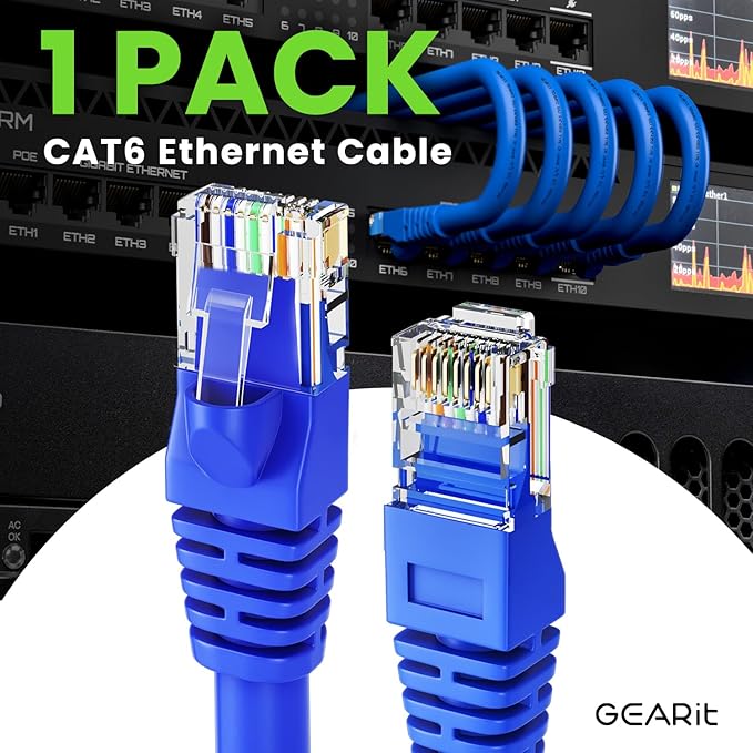 GEARit Cat 6 Ethernet Cable (1-Pack 30 Feet) Cat6 Network Patch, 10Gbps, RJ45, Snagless Cord, Gold-Plated Connectors, Internet for PC, TV, Tablet, Router, Printer, Servers, IT Data Center - Blue