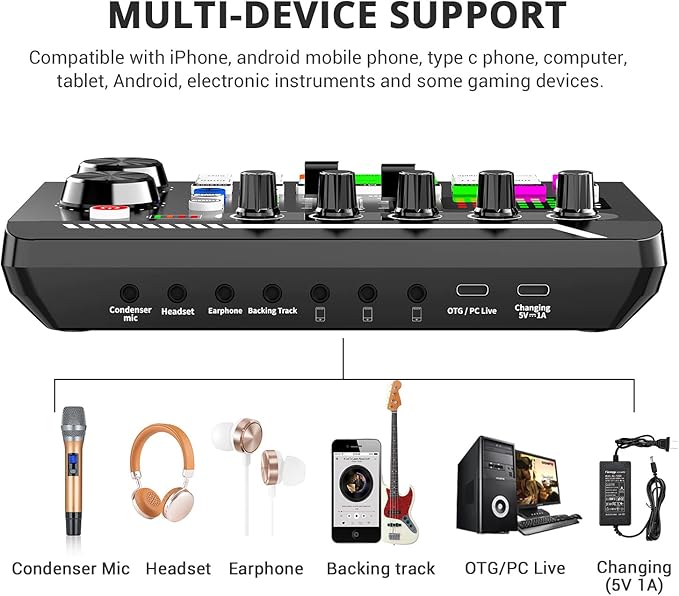 Facmogu F998 Live Sound Card Audio Mixer, Podcast Audio Interface with DJ Mixer Effects, Voice Changer with Sound Effects for PS4 PS5 Karaoke Tiktok YouTube Live Streaming Record Gaming