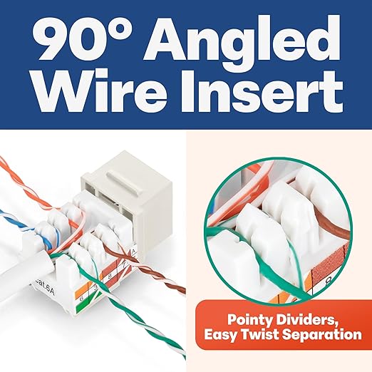 Everest 90° Angled RJ45 Cat6A Keystone Jacks 50-Pack in Light Almond - Slim Profile Female RJ45 Connectors - Cat 6A Keystone Jack - Compatible with 90° Angled Speed Termination Tool - easyJACK