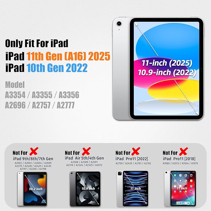 SEYMAC stock Case for iPad (A16) 11th/10th Generation 11''/10.9'' 2025/2022, Full-Body Drop Protection Case with Screen Protector &360° Rotate Hand Strap/Stand, Black