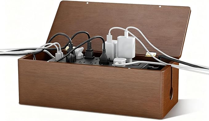 Delamu Wooden Cable Management Box with Magnetic Lid, Duty Cord Organizer for Desk Power Strip Hider Cover with Ventilation for Desk, Floor, Home Office, Baby Pets Safe Storage Solution