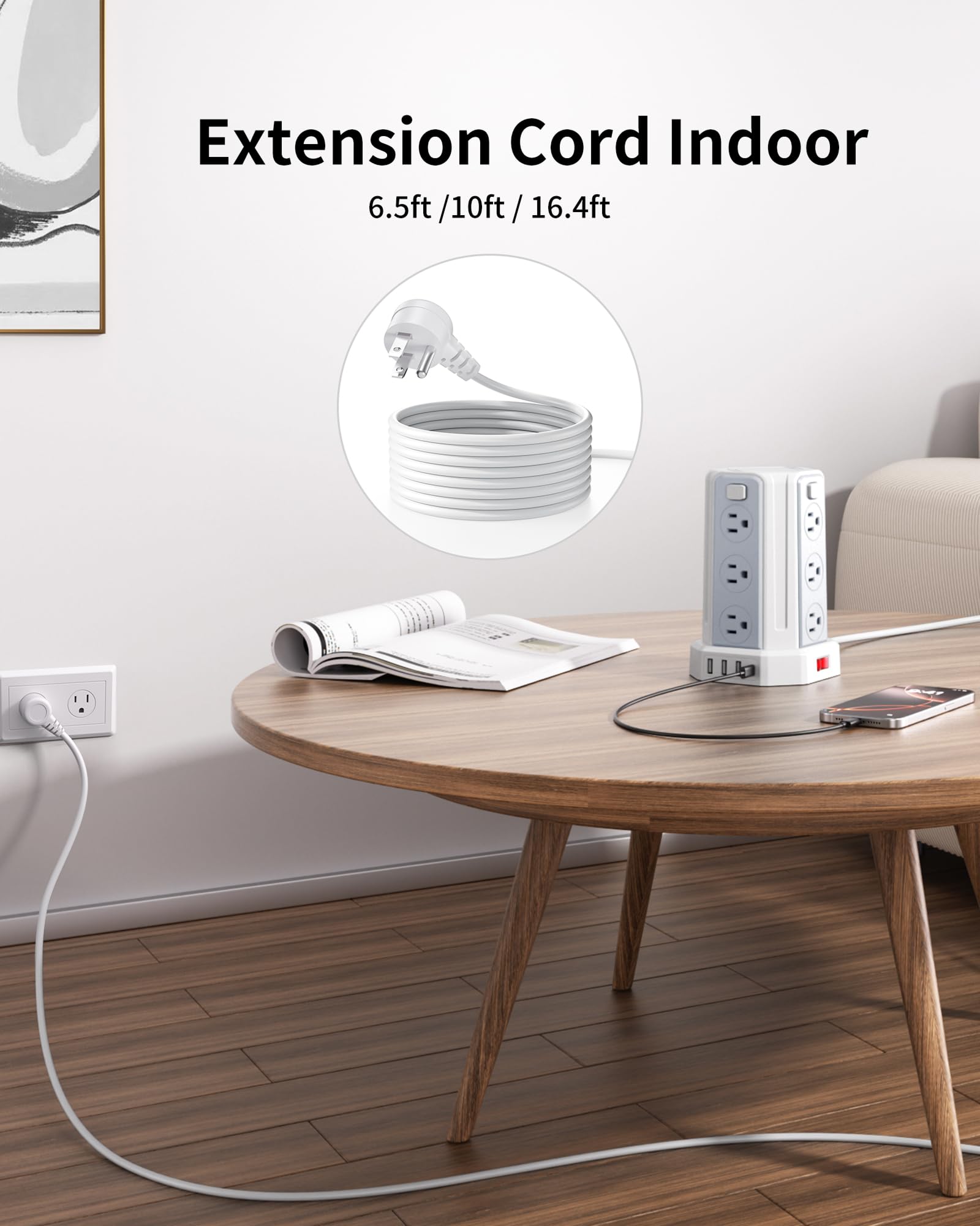 Power Strip 6.5 Ft Extension Cord with 12 AC Multiple Outlets 4 USB (1 USB C), SMALLRT Power Strip Tower Desktop Charging Station for Home Office College Dorm Essentials