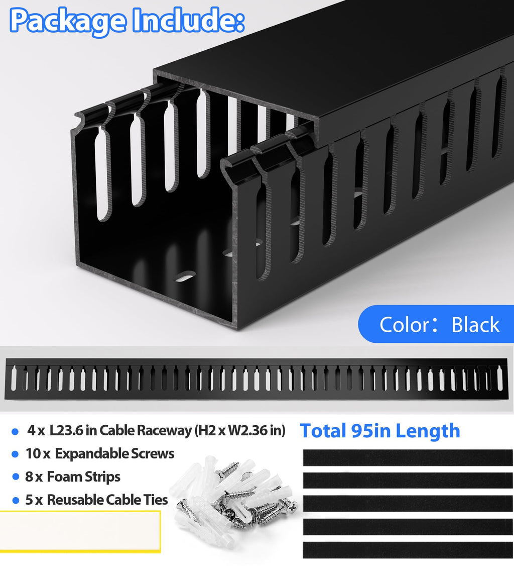 ZhiYo 2"H x 2.4"W Cable Management Raceway, 95in Under Desk Channel, Black