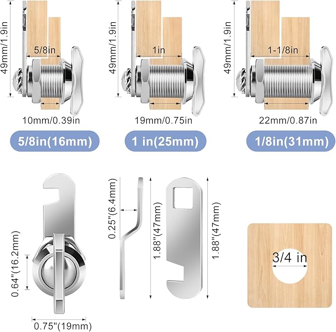 Thumb Operated Offset Cam Lock, 1-1/8” Cylinder Fits on 7/8” Max Door Thickness, Non-Locking Replacement Lock for RV Compartment Camper Storage, Cabinets,Drawers (1-1/8 Inch 6Pack)