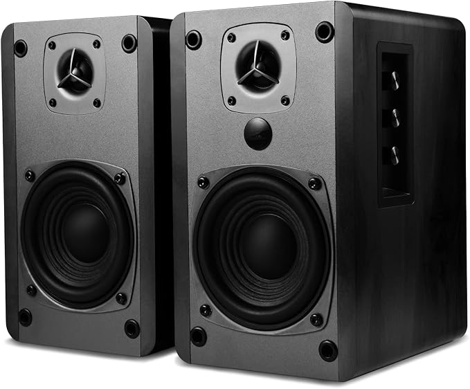 SINGING WOOD BT27 Active Powered Bluetooth Bookshelf Speakers for Studio Monitor TV Turntable Computer- 60 Watts RMS - Wood Grain Finish (Black)